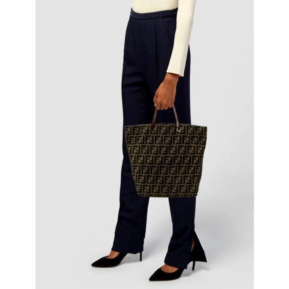 Fendi FF Logo Zucca Bag Shoulder Strap Tote Purse Brown Black Canvas Monogram - Picture 2 of 9